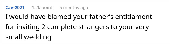A Reddit comment by Cav-2021 blaming father's entitlement for inviting strangers to a small wedding. Wedding entitlement discussed.