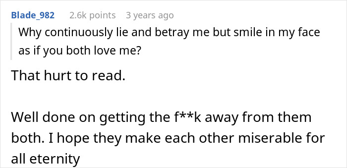 A Reddit comment showing support for a woman who discovered her husband and best friend's affair, wishing them misery.