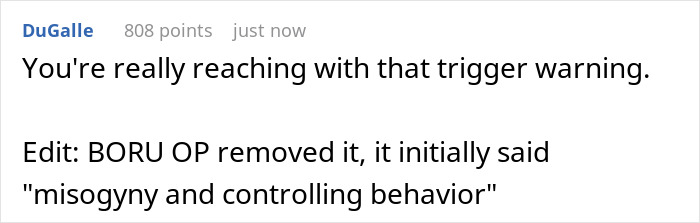 Commenter DuGalle criticizing the trigger warning edit and original mention of controlling behavior.
