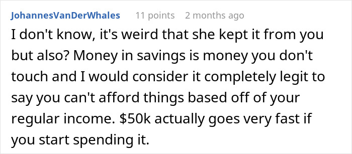 Screenshot of a Reddit comment discussing a man upset his girlfriend pretended to be broke despite having $50K savings.