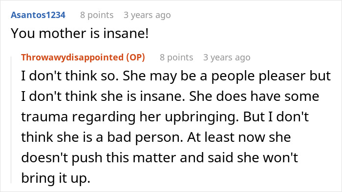 Comment thread showing a discussion about a mom pushing her daughter to preserve friendship despite betrayal over a boy.