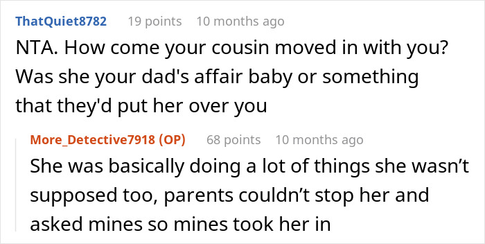 Reddit comments about a cousin's repeated lies and theft, showing a user questioning her presence.