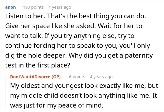 A Reddit thread about a man demanding a paternity test for his middle son who doesn't look like him, possibly losing his whole family.