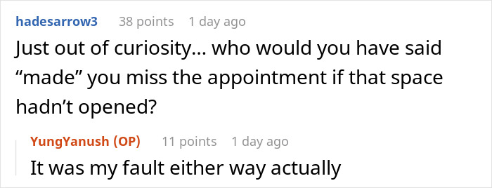 Screenshot of a Reddit conversation discussing a man missing a doctor&rsquo;s appointment after a parking spot fight involving police.