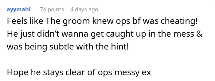 Screenshot of a social media comment discussing a boyfriend's cheating and a messy ex in a relationship drama.