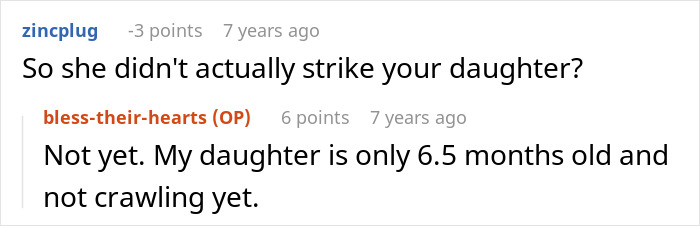 Um comentário do Reddit perguntando se a filha de um usuário foi agredida e a resposta do usuário, destacando a opção parental Não Bater.