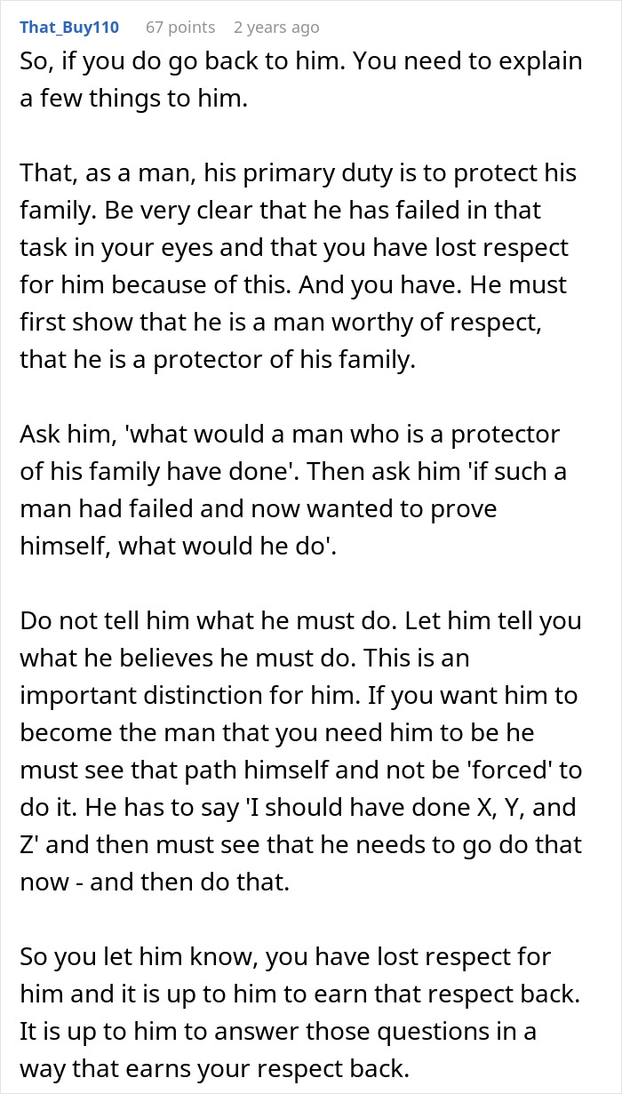 A Reddit post about a man failing his family and a donor baby. It suggests how a man can earn back respect.