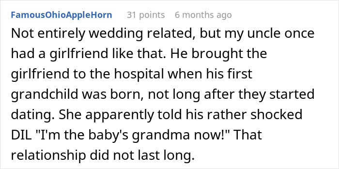 A screenshot of a reddit comment about a random stranger with entitlement taking a baby's grandma's place.