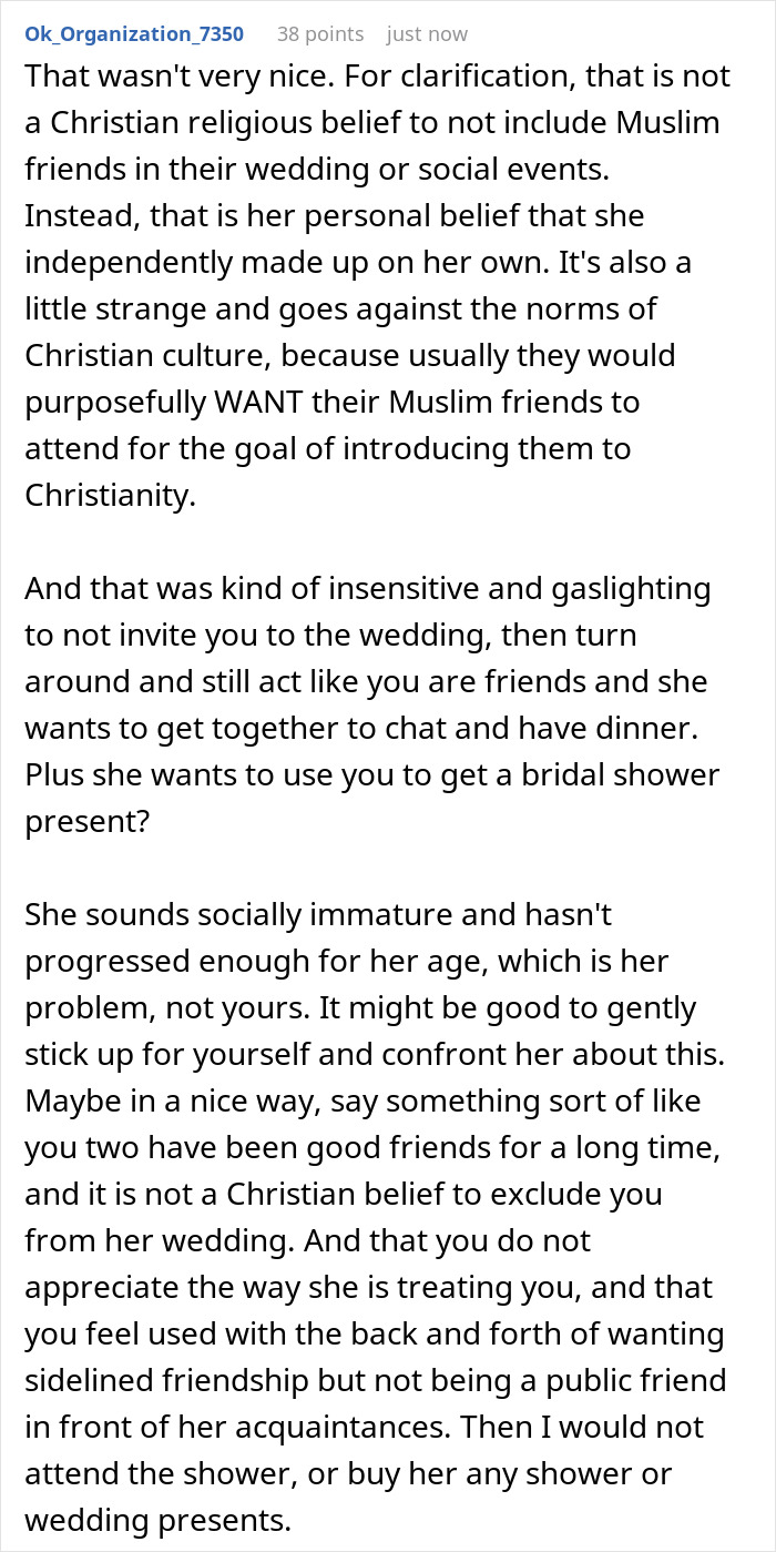 A Reddit post discussing a Christian bride excluding a Muslim best friend from her wedding. The text offers advice on the situation.
