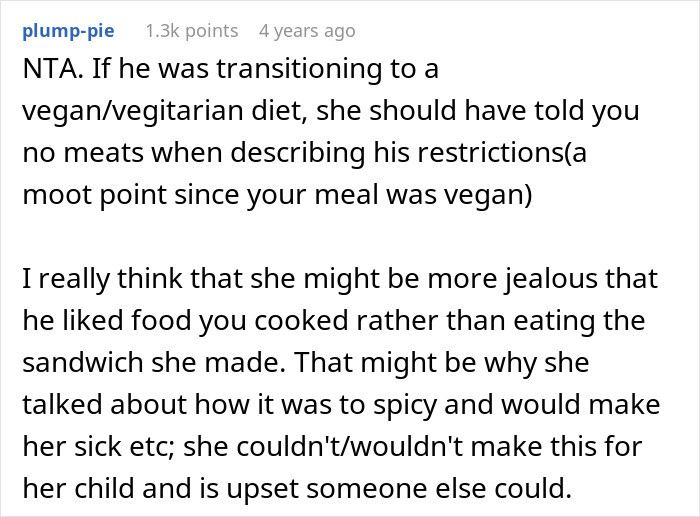 Reddit comment on a mother trying to Transition Her Son Into Vegan, suggesting jealousy over preferred food.