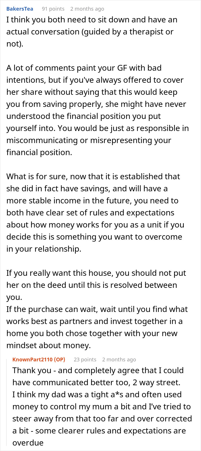 Reddit comments discussing man upset GF pretended to be broke for 5 years despite having 50K savings.