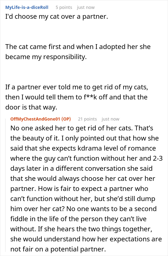 Online discussion about a crazy cat lady wanting K-drama romance but choosing her cat over men and their reasons for leaving.