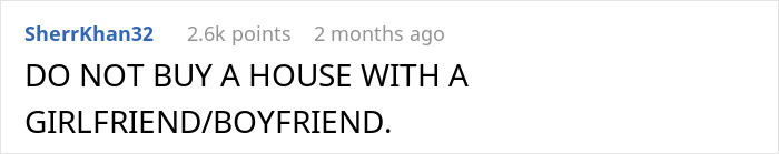 Screenshot of a forum comment warning against buying a house with a girlfriend or boyfriend, expressing frustration and regret.