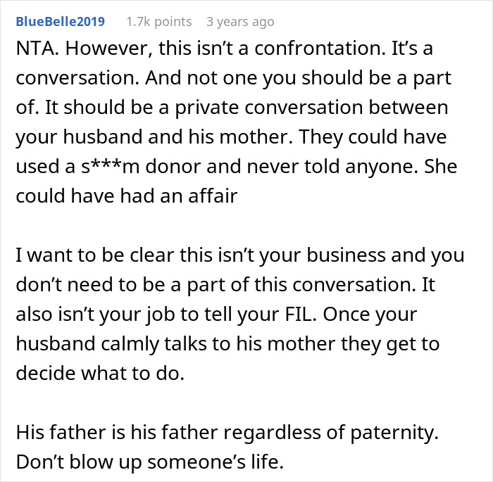 A Reddit comment from BlueBelle2019 about MIL's dark secret, discussing DNA test results and infidelity.