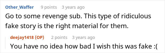 Screenshot of an online comment discussing a fake revenge story about a boyfriend planning to leave his girlfriend.