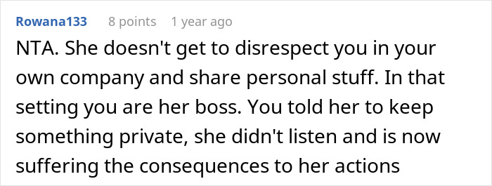 Text comment on a forum explaining a CEO hiring her sister after downsizing and the consequences she faced.