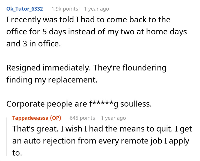 Commenter shares frustration about returning to office five days a week after work from home was canceled. Commenter shares frustration about returning to office five days a week after work from home was canceled.