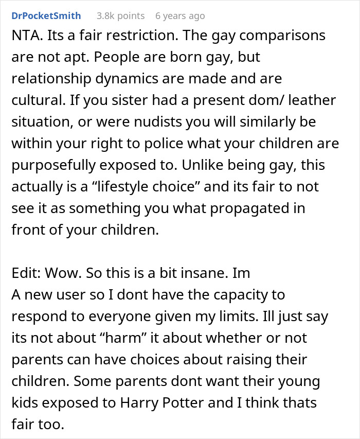 Comment discussing family pushback on polyamorous open affection focused on children&rsquo;s exposure and parenting choices.