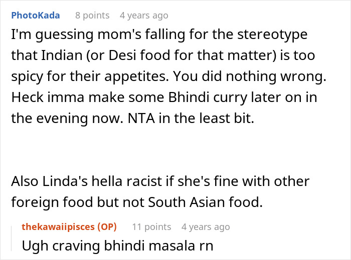 Reddit comments discussing food racism and stereotypes about Indian food, relevant to trying to transition her son into vegan.