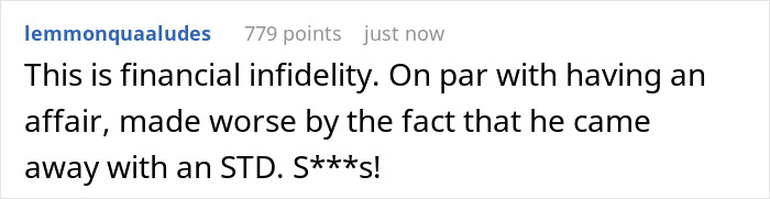 A comment section post discussing financial infidelity, highlighting the difficult finances of a husband, house, and hoarder situation.