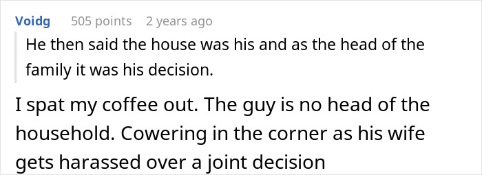 A Reddit comment describes a man's behavior related to a family decision, echoing themes of emasculated and donor baby.