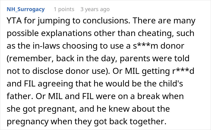 A Reddit comment discussing possible explanations other than infidelity, like DNA test results, in a MIL's dark secret.