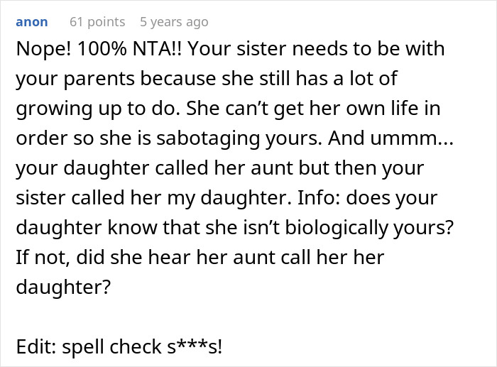Reddit comment discussing sister's role in kid adoption and family issues involving growing up and identity confusion.