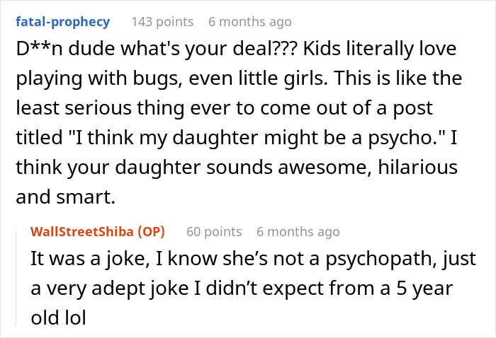 Reddit comments discussing a dad&rsquo;s joke about his 5-year-old daughter possibly being a psychopath, sparking reactions.