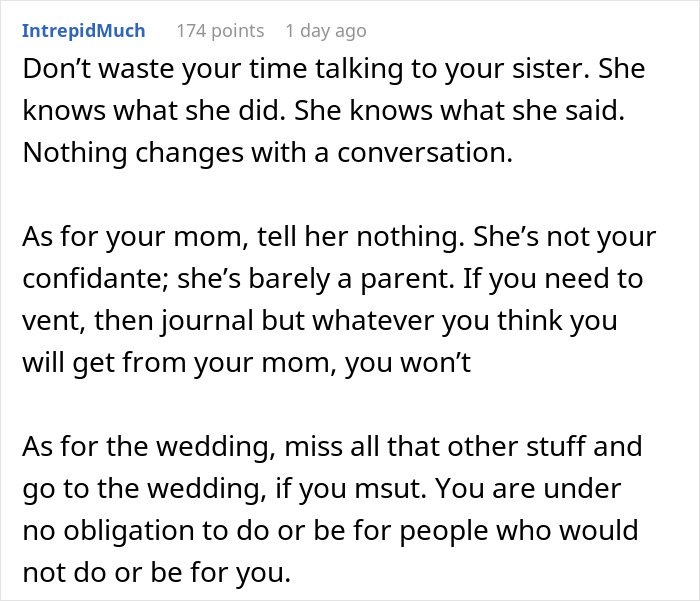 Text post discussing family conflict after a lady hooks up with sis' boyfriend and the wedding dilemma.