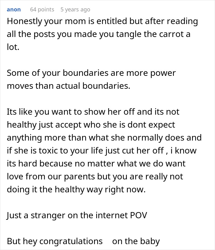 Comment discussing a mom&rsquo;s creepy behavior and toxic boundaries affecting her adult child&rsquo;s life and emotions.