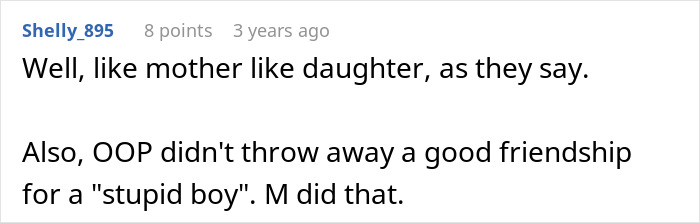 Screenshot of an online comment discussing a mom pushing daughter to not ruin friendship over a stupid boy after betrayal.