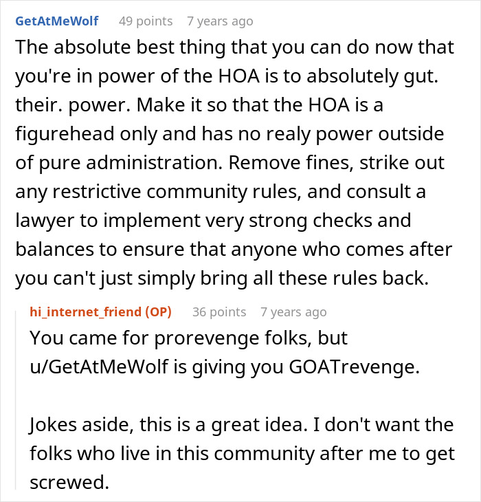 Reddit comments discussing strategies to reduce HOA power and remove restrictive community rules after trampoline dispute.