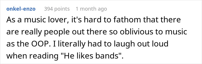 Screenshot of a Reddit comment discussing a woman's boyfriend who loves bands and her reaction after buying concert tickets.