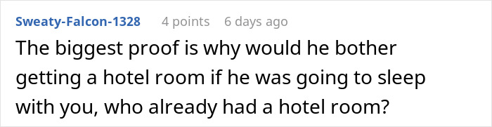 Comment discussing doubt about why a man would book a hotel if he planned to sleep with his sister&rsquo;s fianc&eacute;.