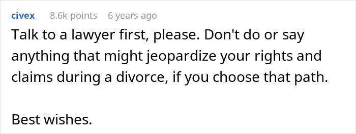A Reddit comment advising a woman to find her husband's secret wife and talk to a lawyer about divorce rights.