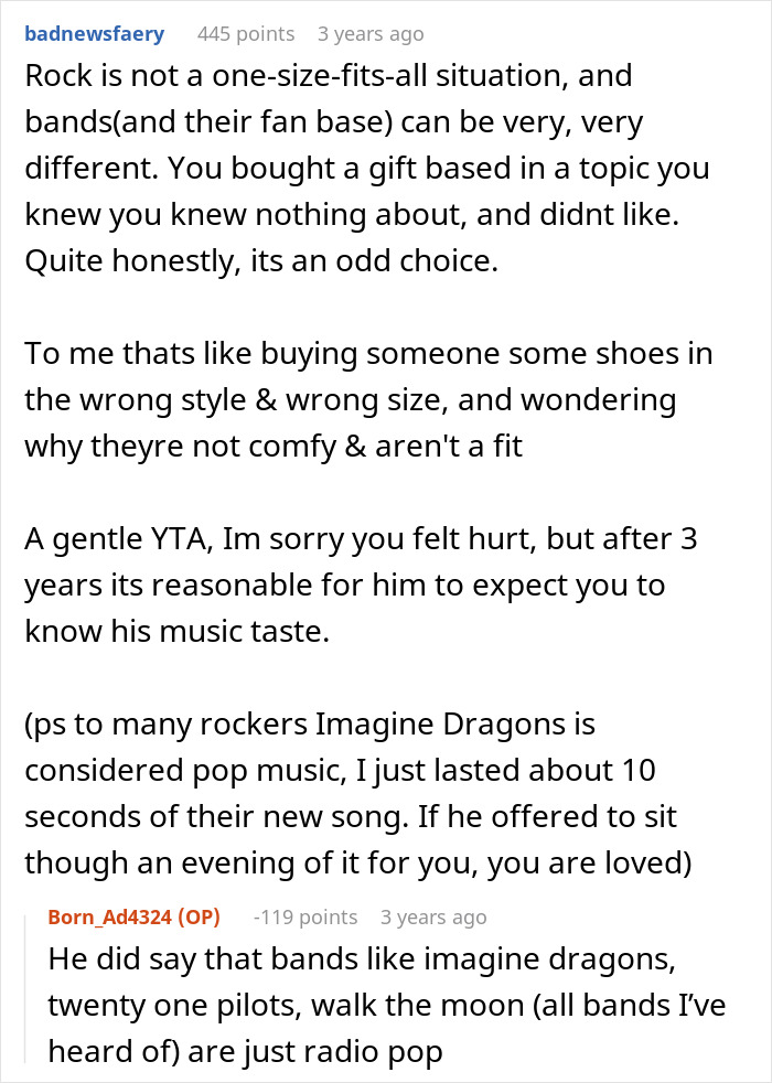 Screenshot of a Reddit conversation discussing a woman buying concert tickets for her boyfriend who loves bands and his reaction.