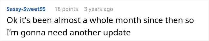 Screenshot of a Reddit comment asking for another update about a dramatic revenge story involving a wife, husband&rsquo;s affair, and his brother.
