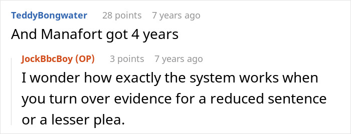 Screenshot of an online discussion about legal sentences referencing a Tinder scam linked to a jailed fianc&eacute;.