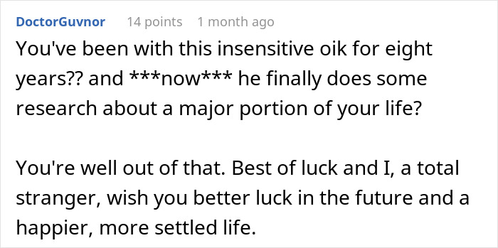 Screenshot of a Reddit comment discussing ending a relationship, highlighting feelings of liberation and reflection on past years.