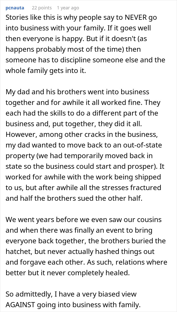 Text excerpt about challenges of family business conflicts and hiring siblings, highlighting CEO hiring her sister after downsizing.