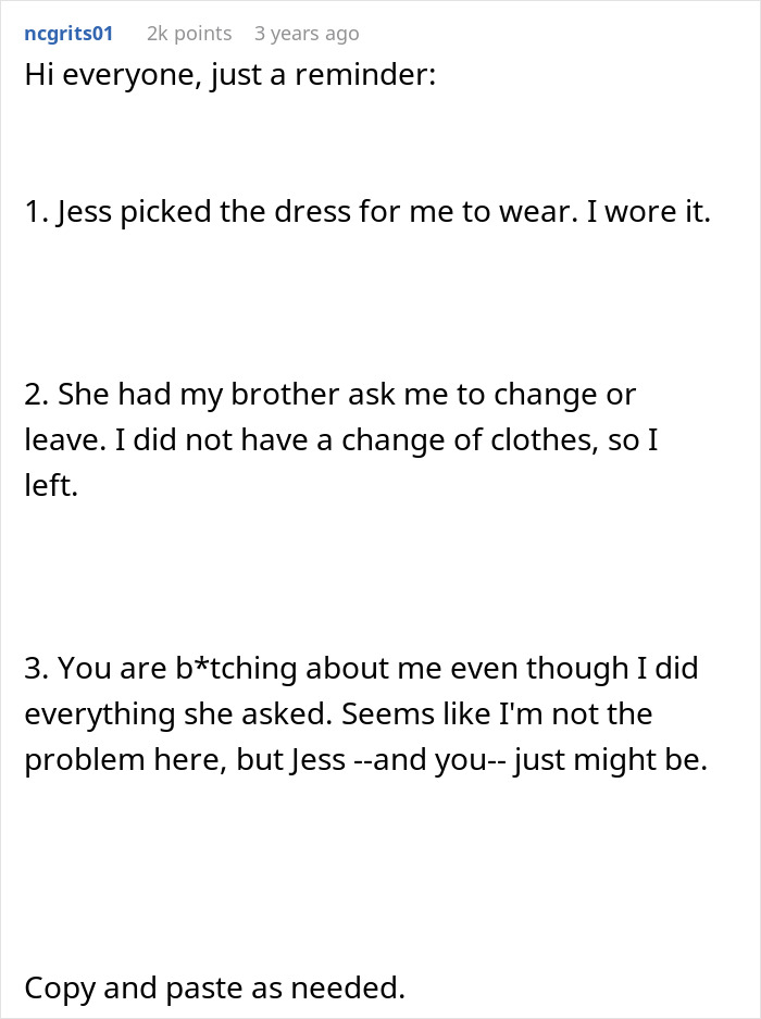 A white page with text from user ncgrits01. It details the wedding dress conflict, with the bride picking the dress.