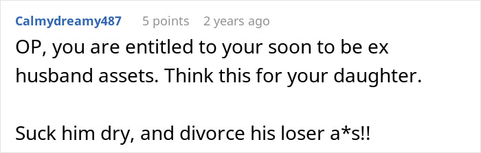 A comment from Reddit user CalmmyDreamy487 advising to claim assets and divorce, likely related to a donor baby situation.