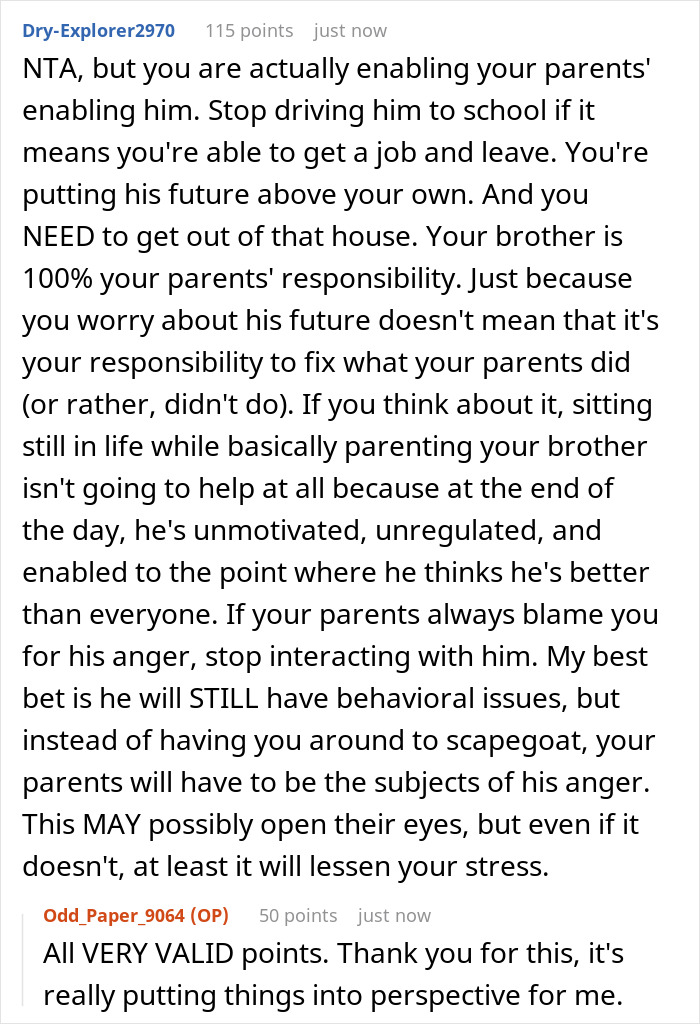 Screenshot of an online comment discussing the challenges of driving an autistic brother and family responsibilities. Screenshot of an online comment discussing the challenges of driving an autistic brother and family responsibilities.
