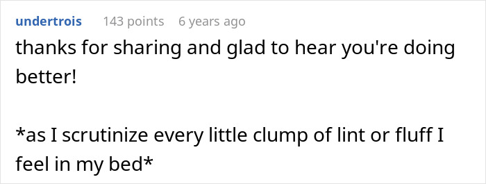 Screenshot of a forum comment expressing gratitude and mentioning closely examining lint and fluff in bed.