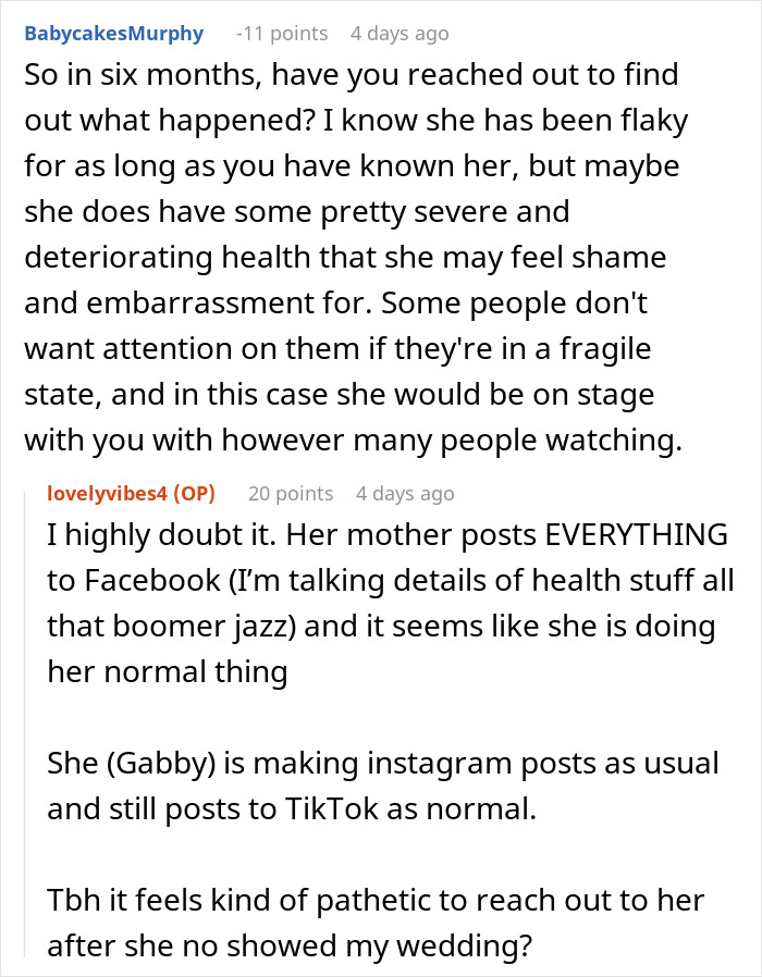 A screenshot of a Reddit thread discussing a best friend missing a wedding, breaking the bride's heart.