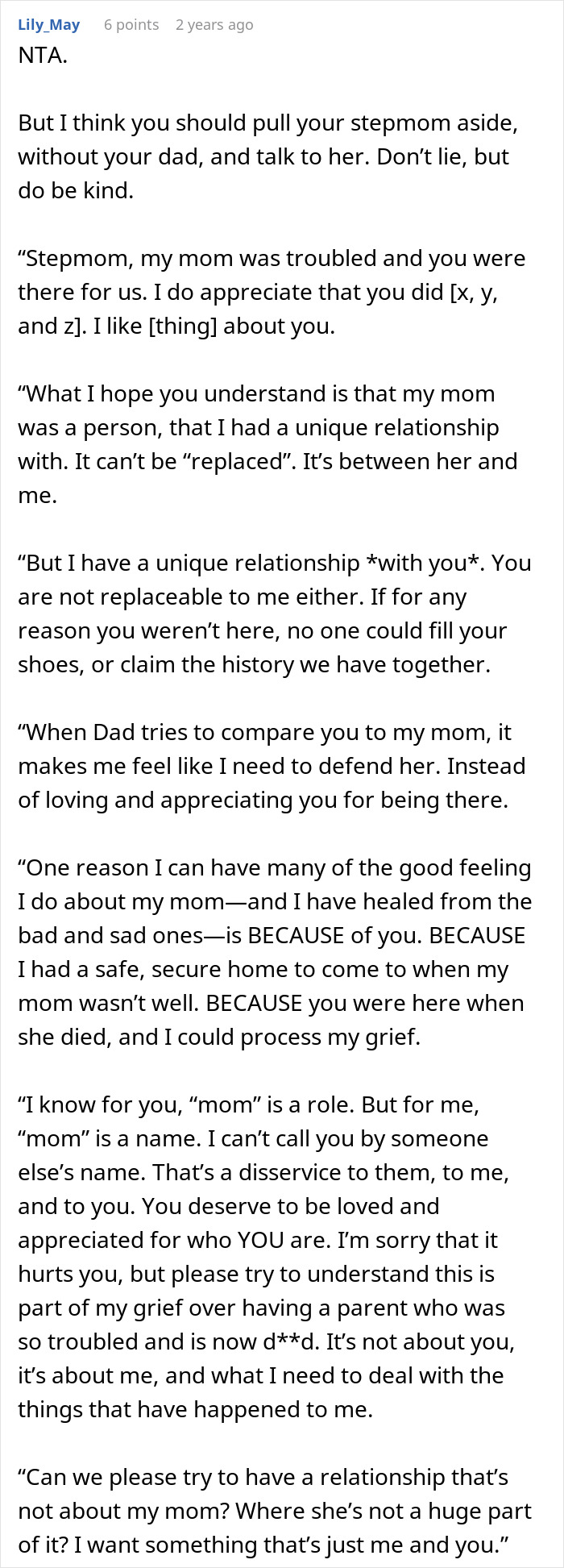 A screenshot of a Reddit comment where a teen discusses their perspective on their dad, late mom, and stepmom.