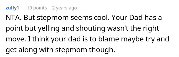 A reddit comment about a dad pushing kids to replace their late mom with a stepmom, advising against shouting.