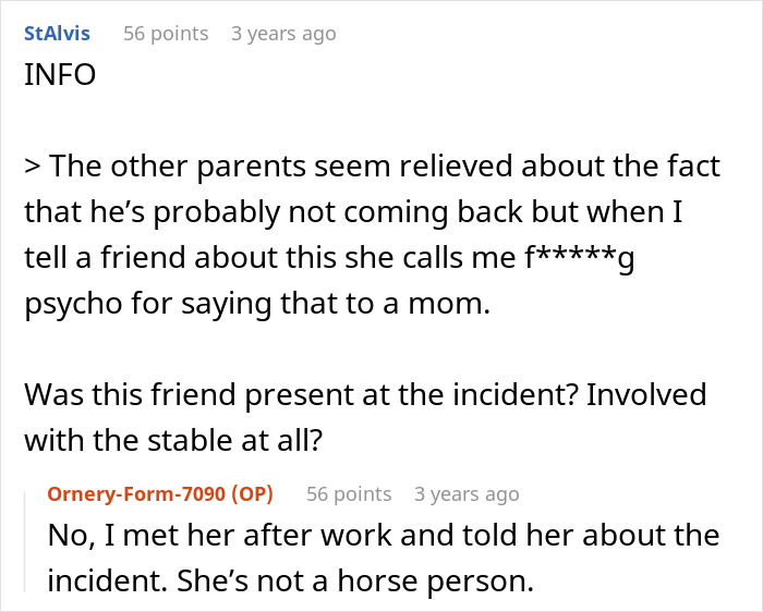 Reddit post discussing a Disruptive Kid at a stable and a Toxic Mom escalating things, sparking friend's harsh comment.