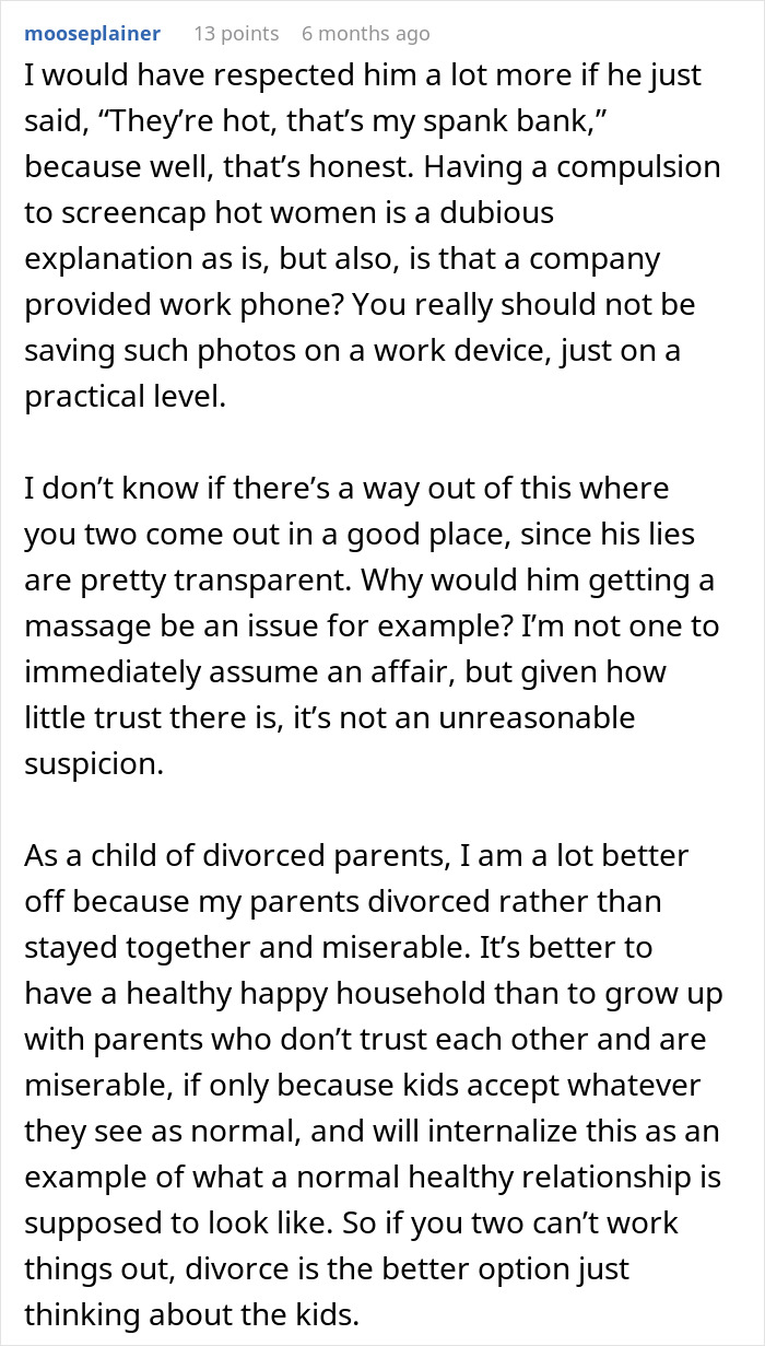 Commenter discussing trust issues and suspicion after wife finds husband’s hidden folder in a borderline predatory situation. Commenter discussing trust issues and suspicion after wife finds husband’s hidden folder in a borderline predatory situation.