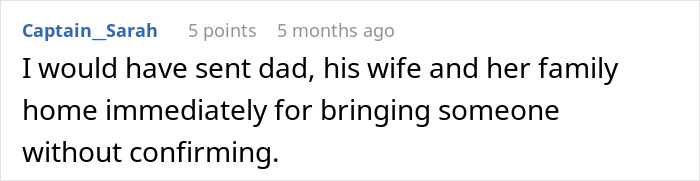 A screenshot of a comment from Captain_Sarah suggesting sending family home for entitlement at a wedding table.